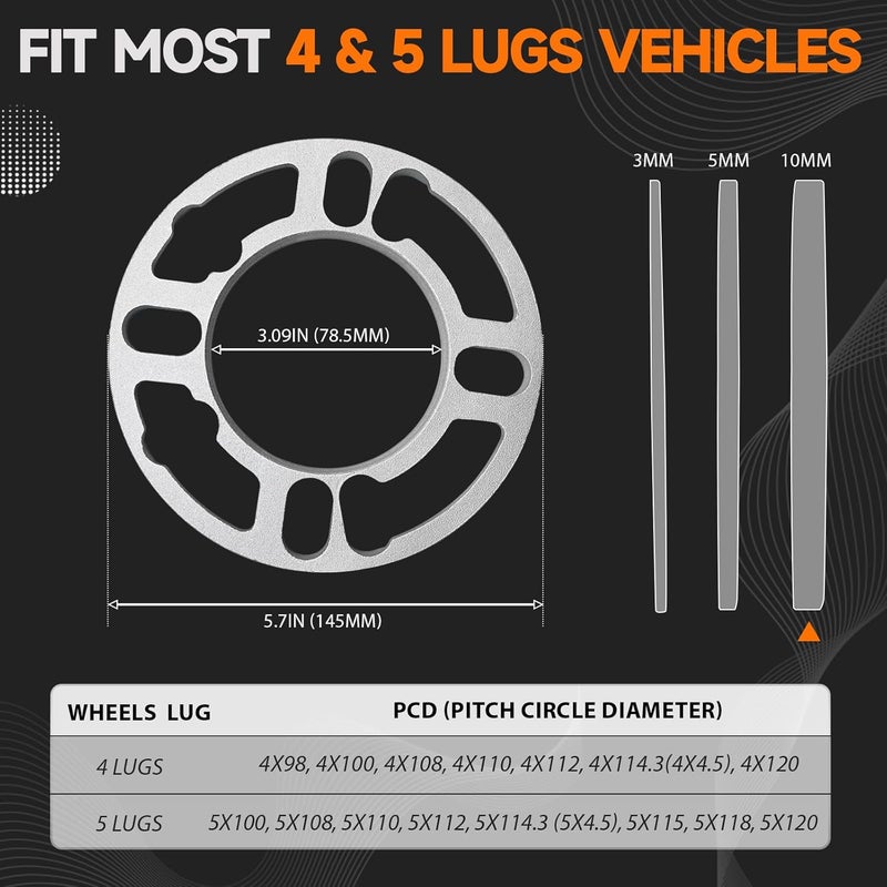 LUJIANI Store 4 Pack Universal Wheel Spacers, 0.39" (10mm) Thick Die Cast Replacement Wheel Spacer for 4 & 5 Lugs Wheels/Rims, Fits 98 to 120mm Multiple Bolts Pattern, 4x100, 4x108, 4x110, 5x114.3, 5x120 - Image 2